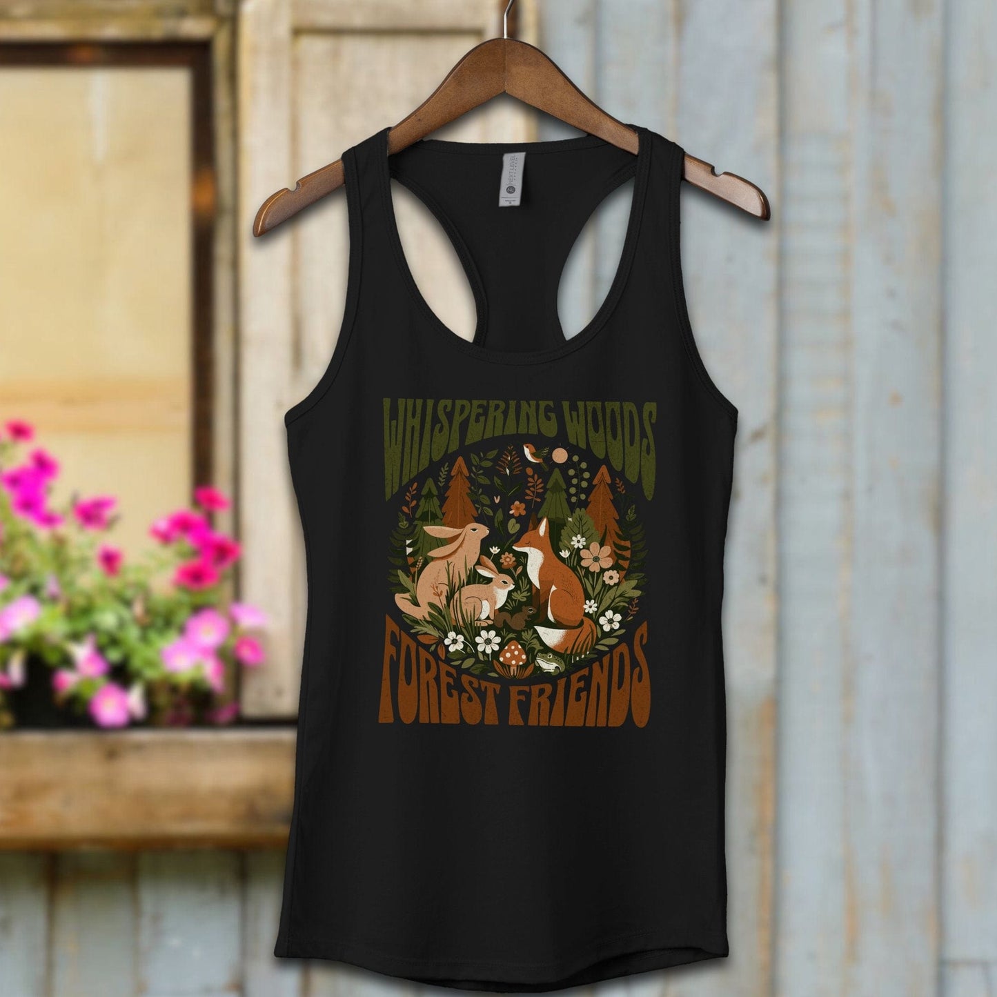 Ladies Shirt Black / XS / Adult Racerback Whispering Woods Forest Friends Shirt