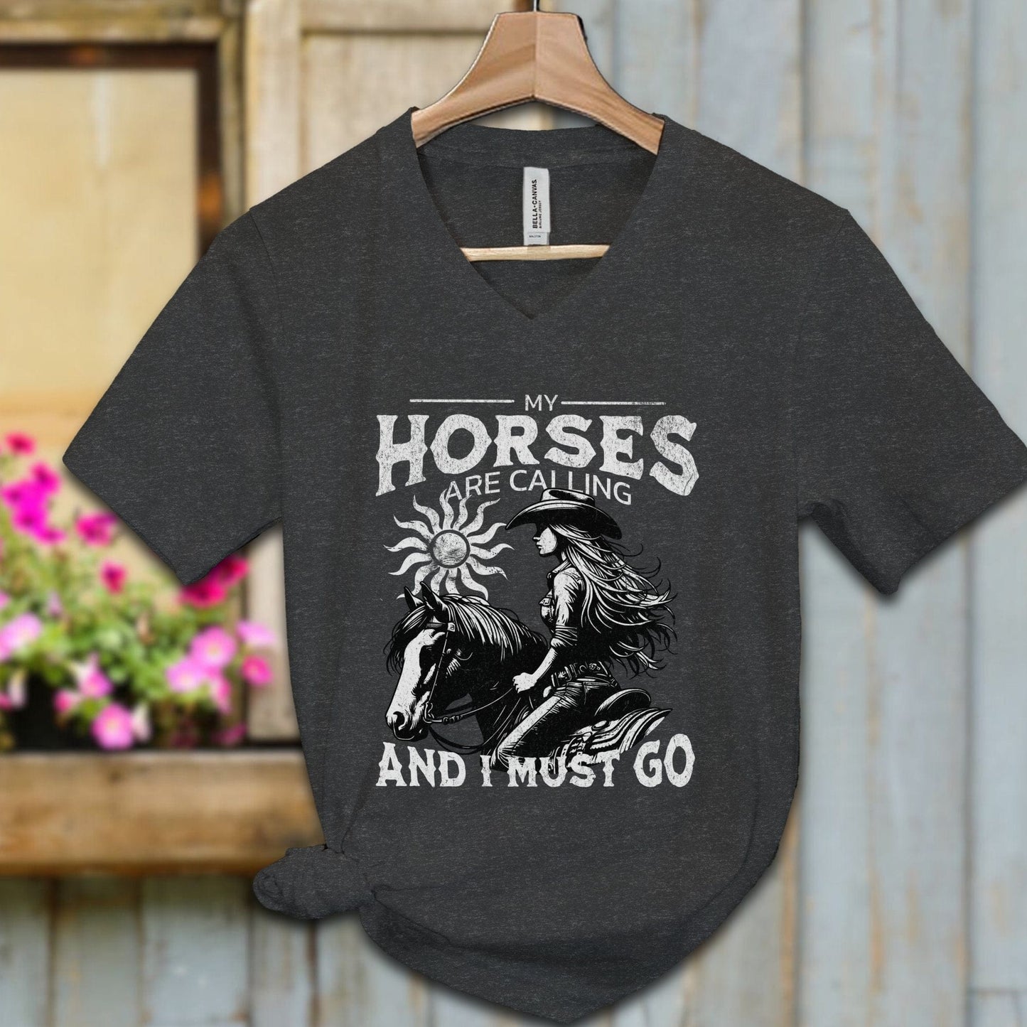 Ladies Shirt Dark Grey Heather / S / Adult V-neck My Horses are Calling Shirt