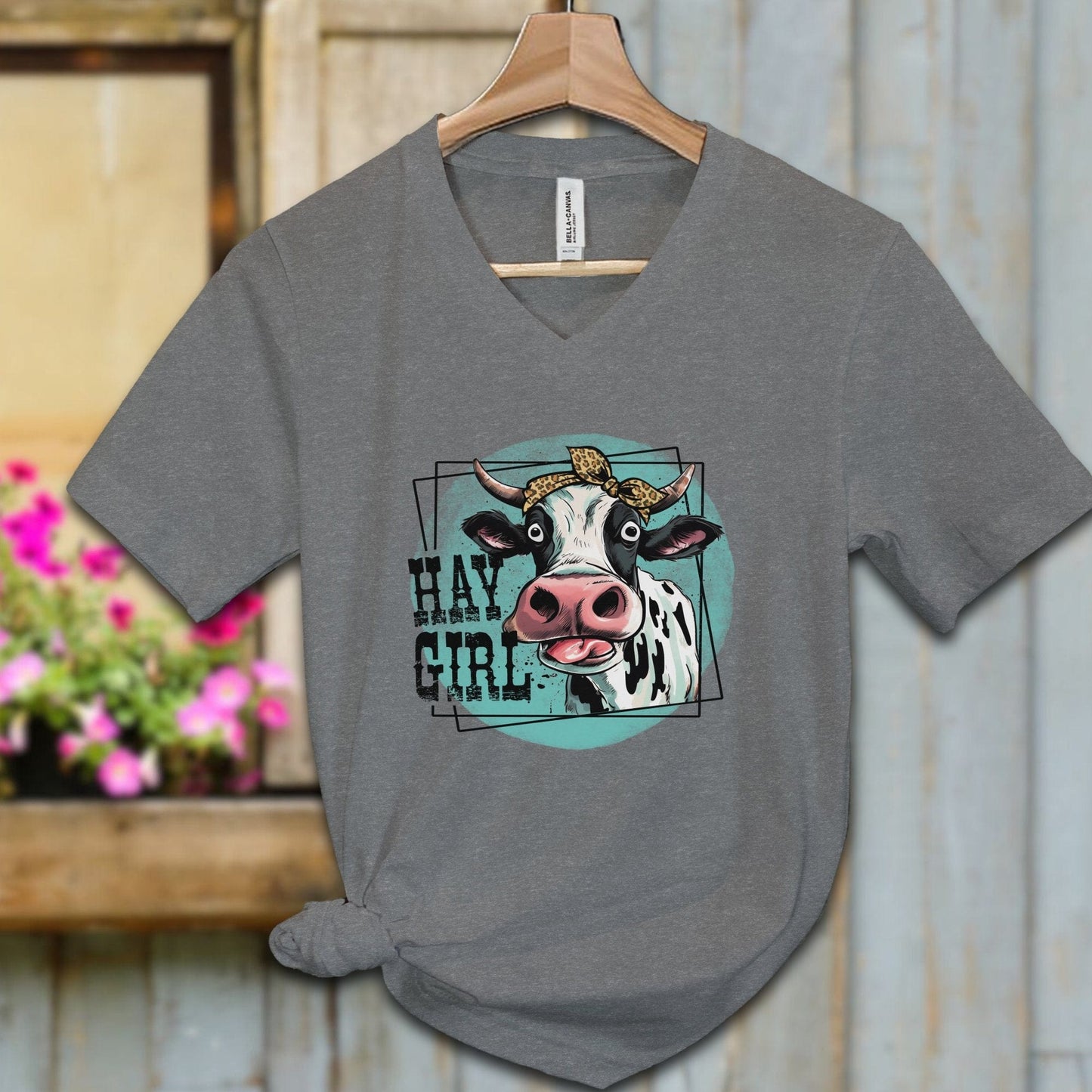 Ladies Shirt Deep Heather / S / Adult V-neck Hay Girl Cow Shirt