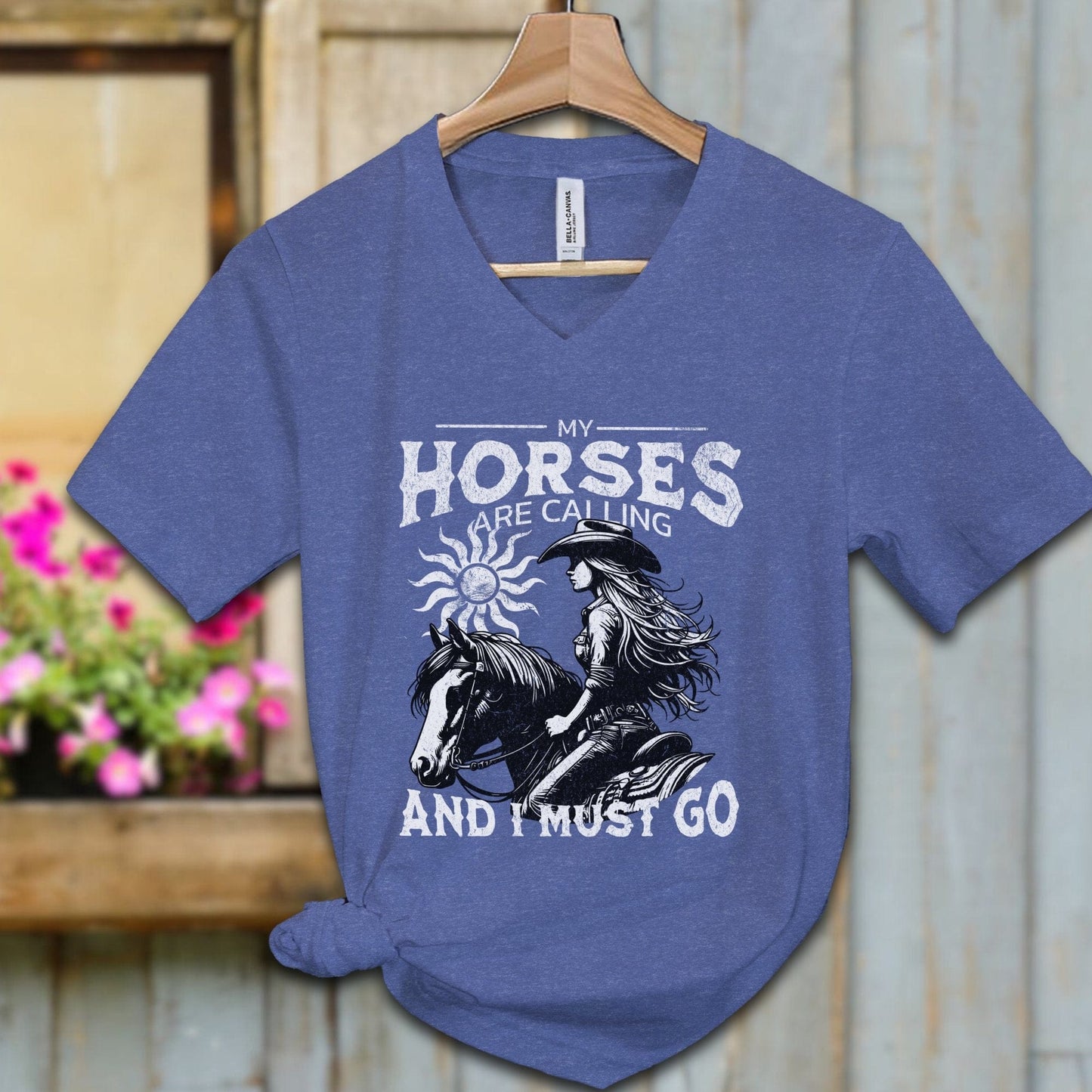 Ladies Shirt Heather True Royal / S / Adult V-neck My Horses are Calling Shirt