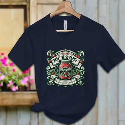 Ladies Shirt Navy / S / Adult V-neck Berry Bliss Farms Strawberry Jam Shirt