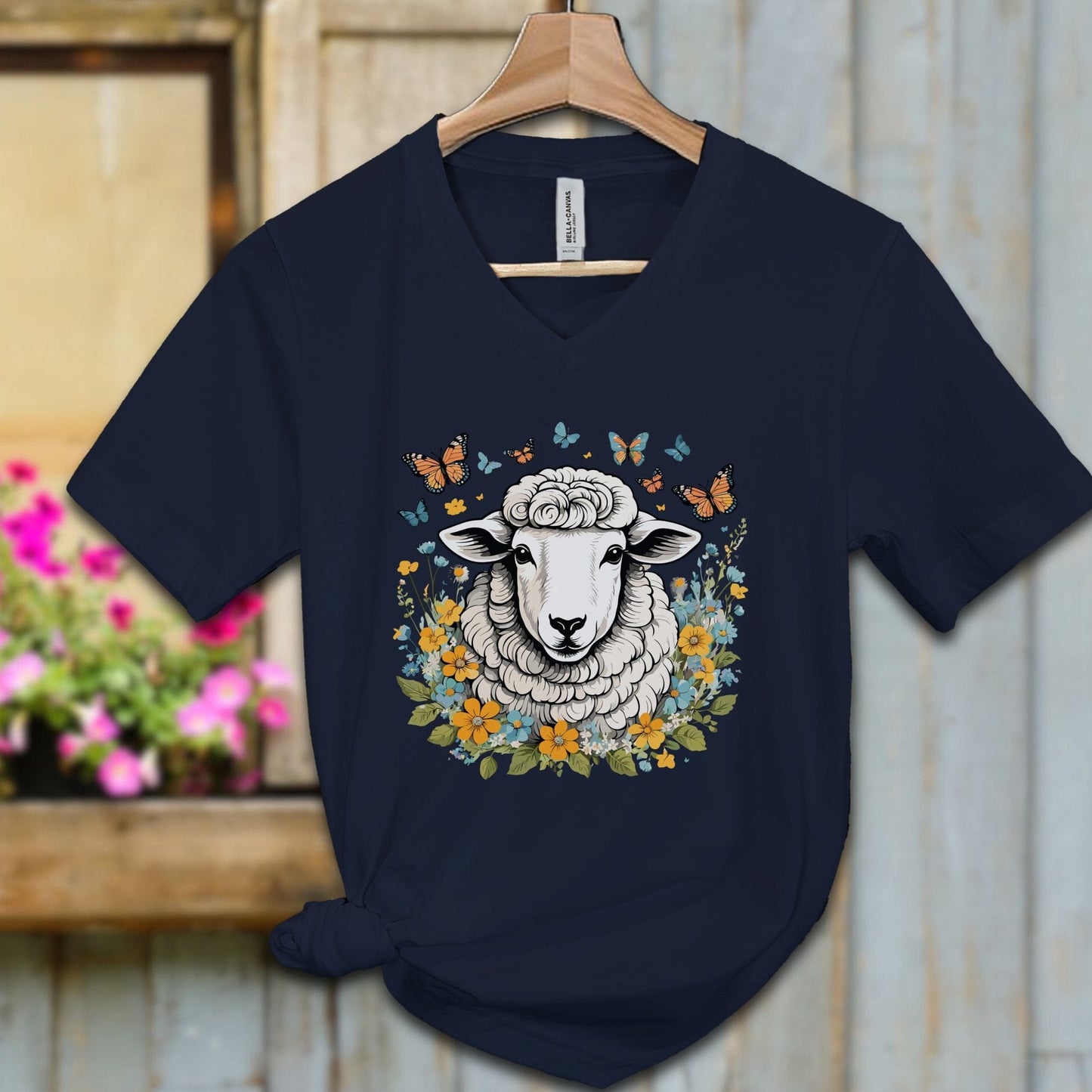 Ladies Shirt Navy / S / Adult V-neck Whimsical Sheep Shirt