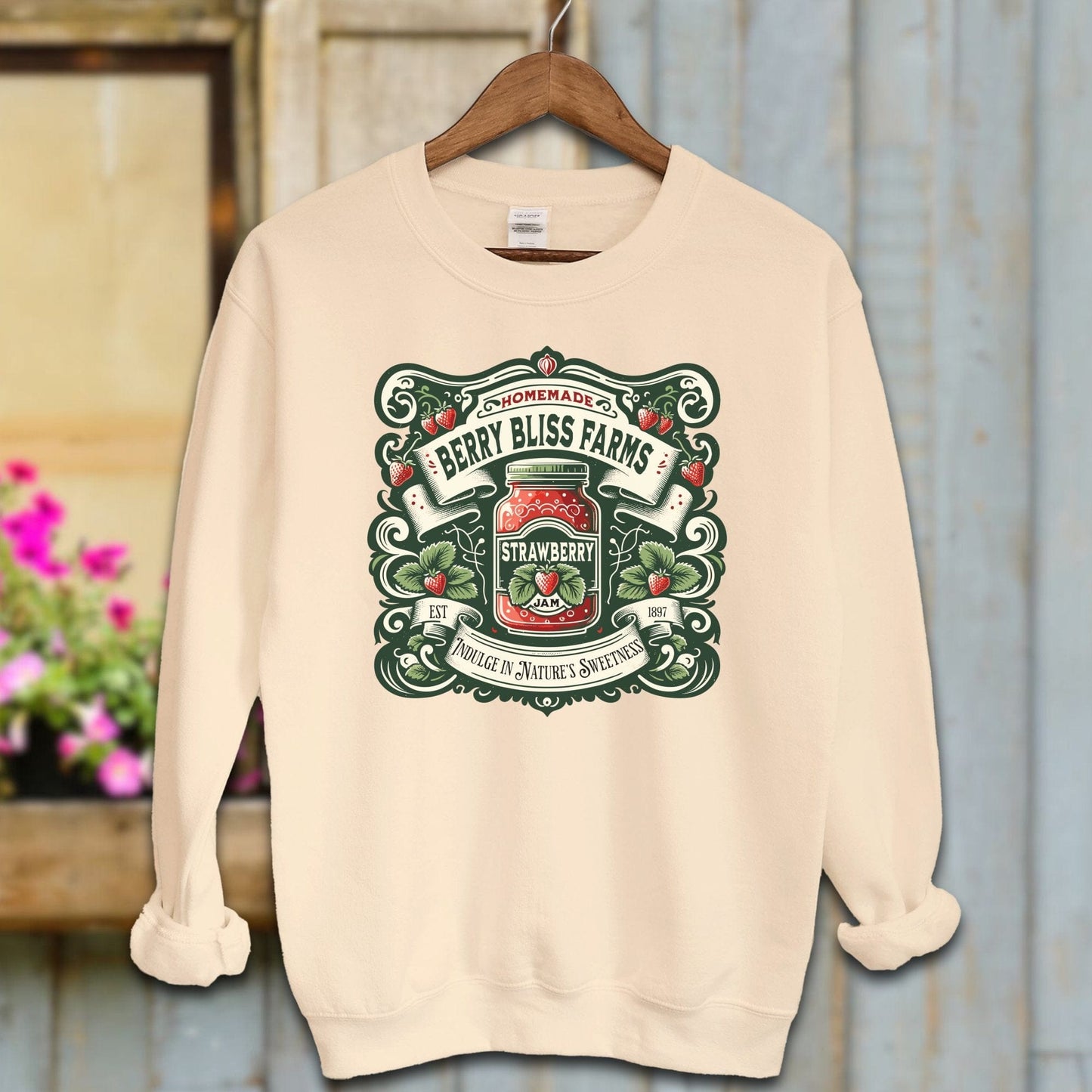 Ladies Shirt Sand / S / Adult Sweatshirt Berry Bliss Farms Strawberry Jam Shirt