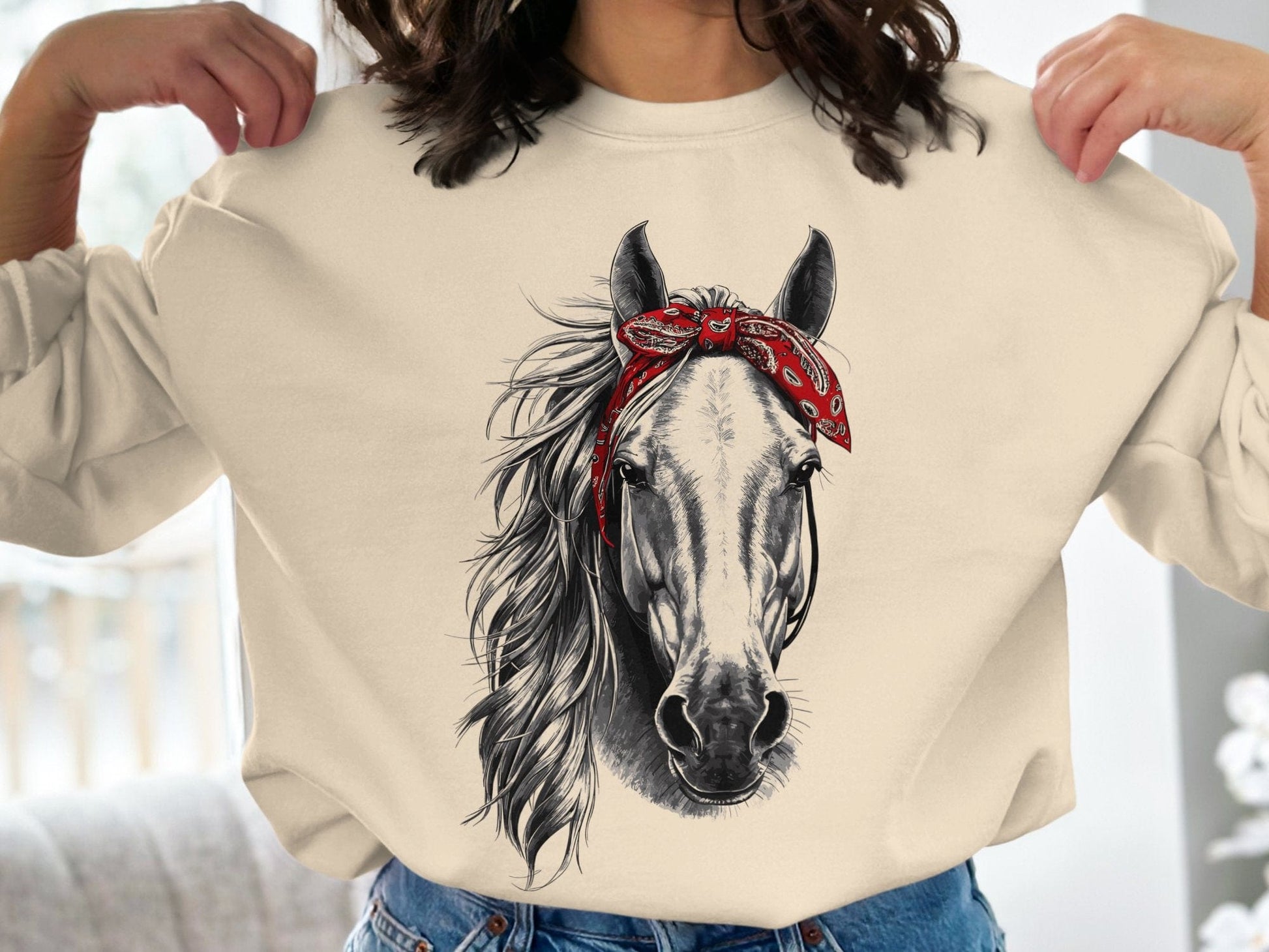 Ladies Shirt Stylish Horse with Red Bandana Shirt