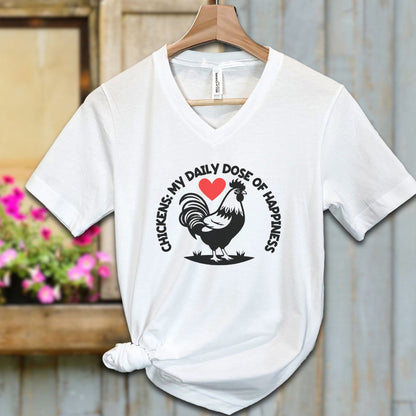 Ladies Shirt White / S / Adult V-neck Chickens My Daily Dose of Happiness Shirt