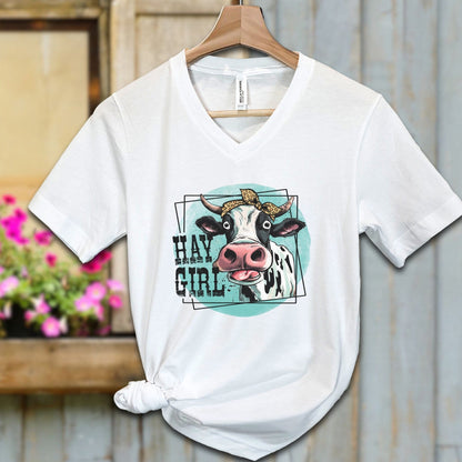 Ladies Shirt White / S / Adult V-neck Hay Girl Cow Shirt