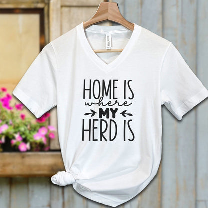 Ladies Shirt White / S / Adult V-neck Home Is Where My Herd Is Shirt