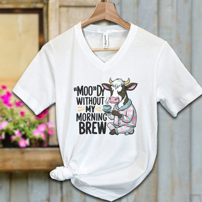 Ladies Shirt White / S / Adult V-neck Moody Without My Morning Brew Shirt