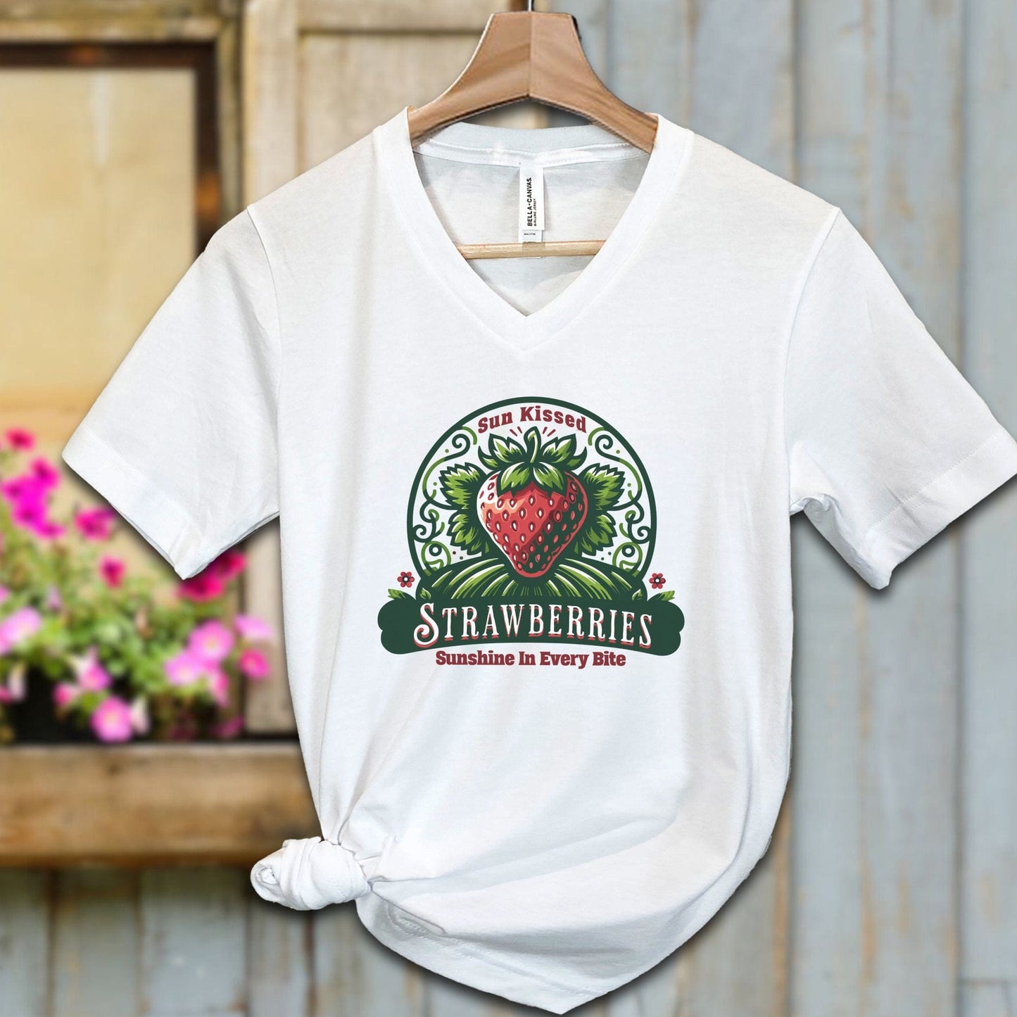 Ladies Shirt White / S / Adult V-neck Sun Kissed Strawberries Shirt