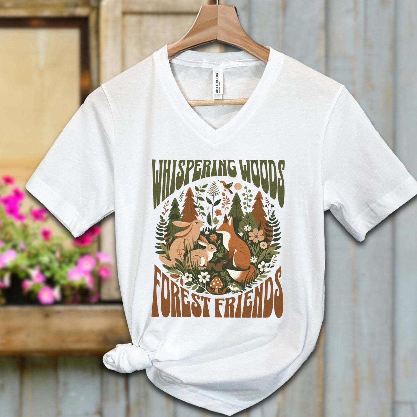 Ladies Shirt White / S / Adult V-neck Whispering Woods Forest Friends Shirt