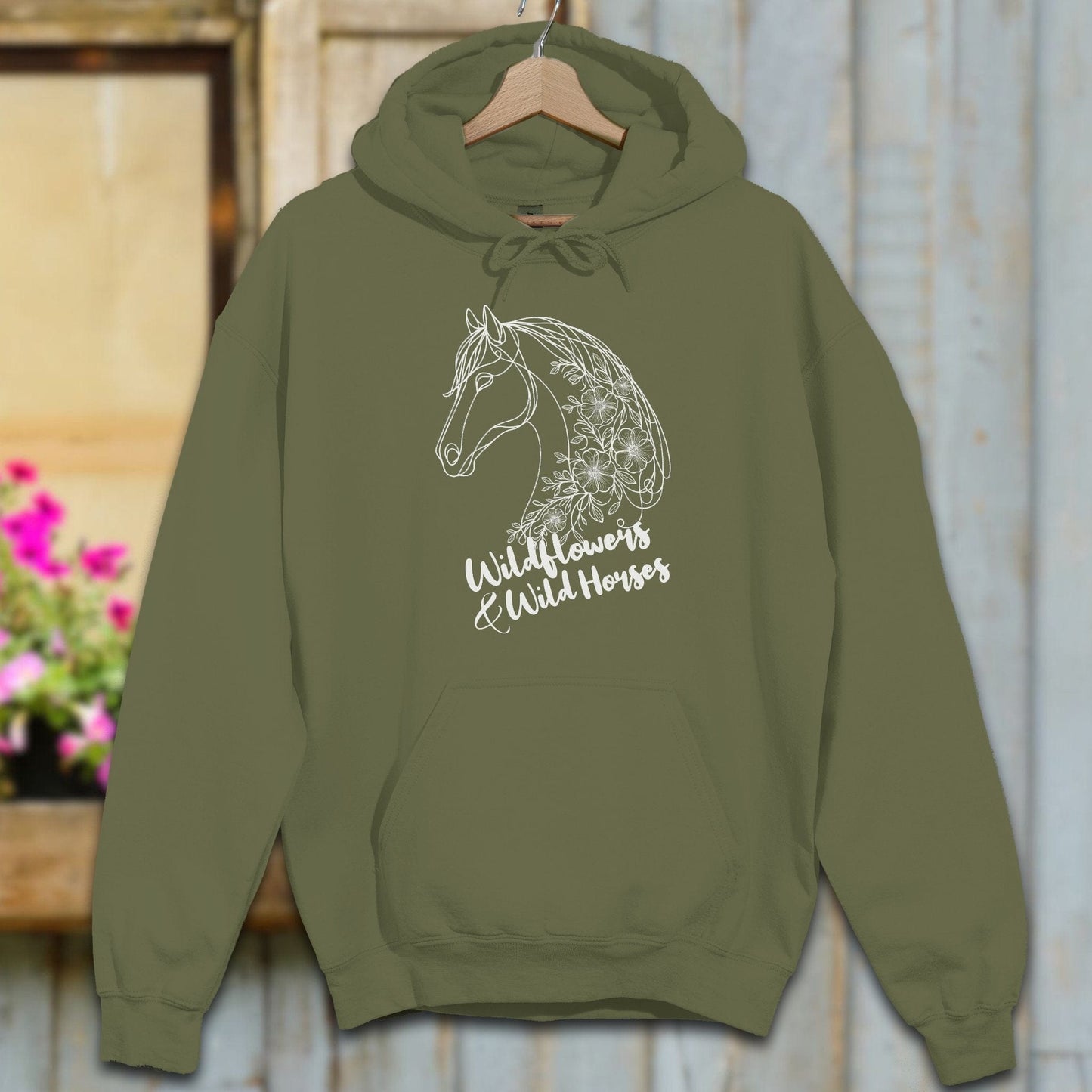 Physical Item Adult Hoodie / S / Military Green Wildflowers And Wild Horses Hoodie