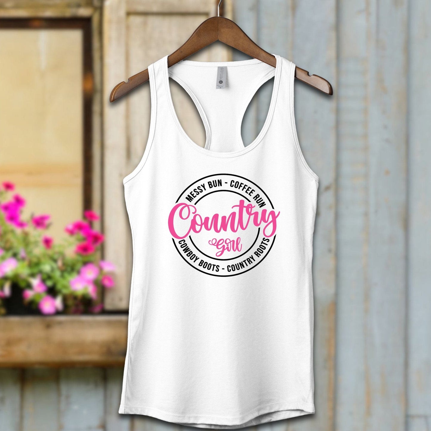 Physical Item Adult Racerback / XS / White Country Girl Messy Bun Coffee Run Shirt