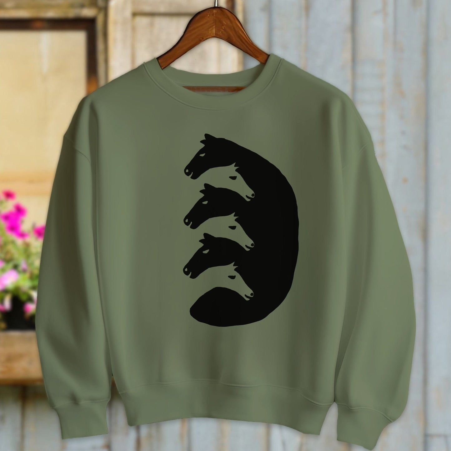 Physical Item Adult Sweatshirt / Military Green / S Interlocking Horse Heads Shirt