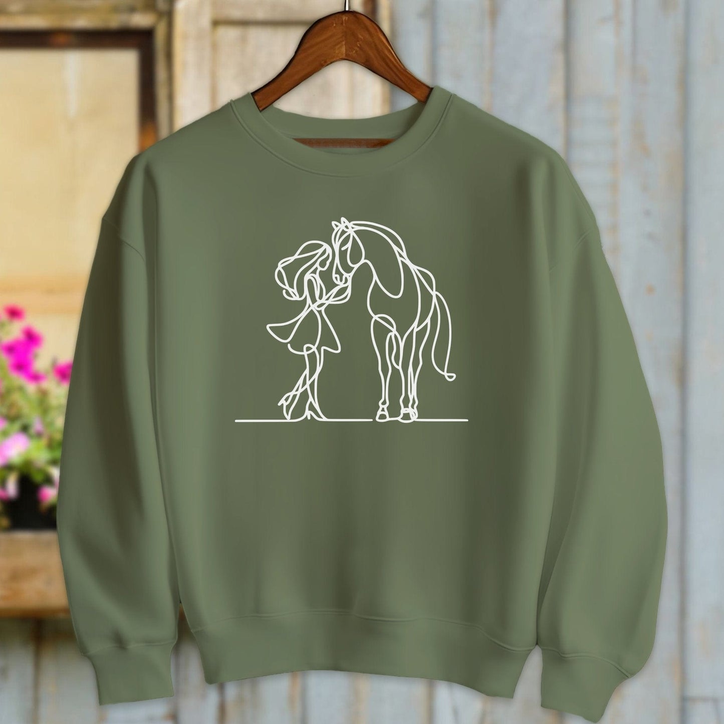 Physical Item Adult Sweatshirt / Military Green / S Lady and Horse Art Shirt