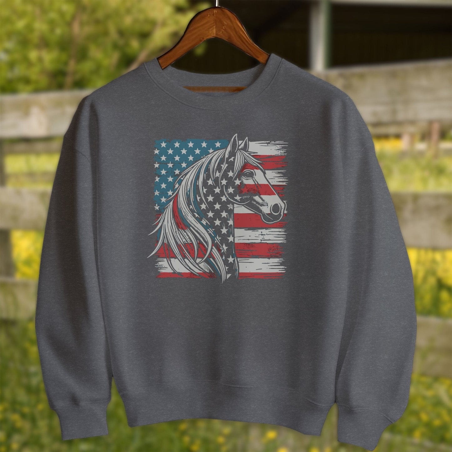 Physical Item Adult Sweatshirt / S / Dark Heather Patriotic Horse USA Flag Shirt