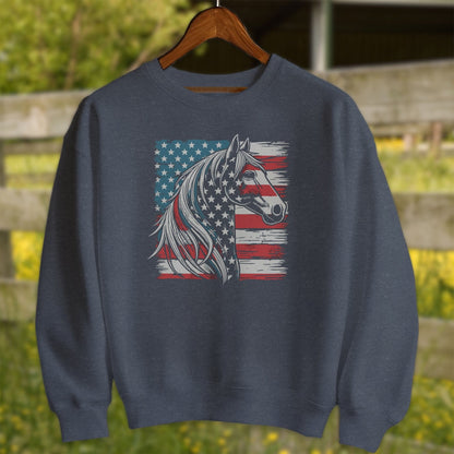 Physical Item Adult Sweatshirt / S / Heather Sport Dark Navy Patriotic Horse USA Flag Shirt