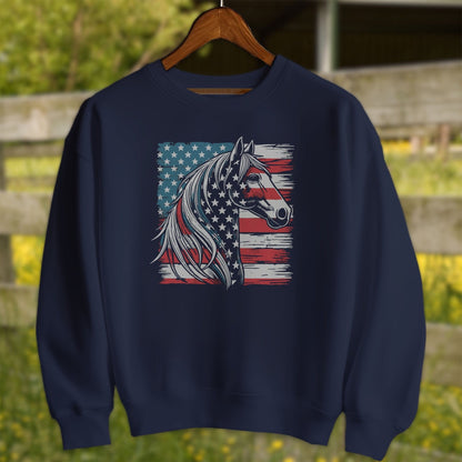 Physical Item Adult Sweatshirt / S / Navy Patriotic Horse USA Flag Shirt