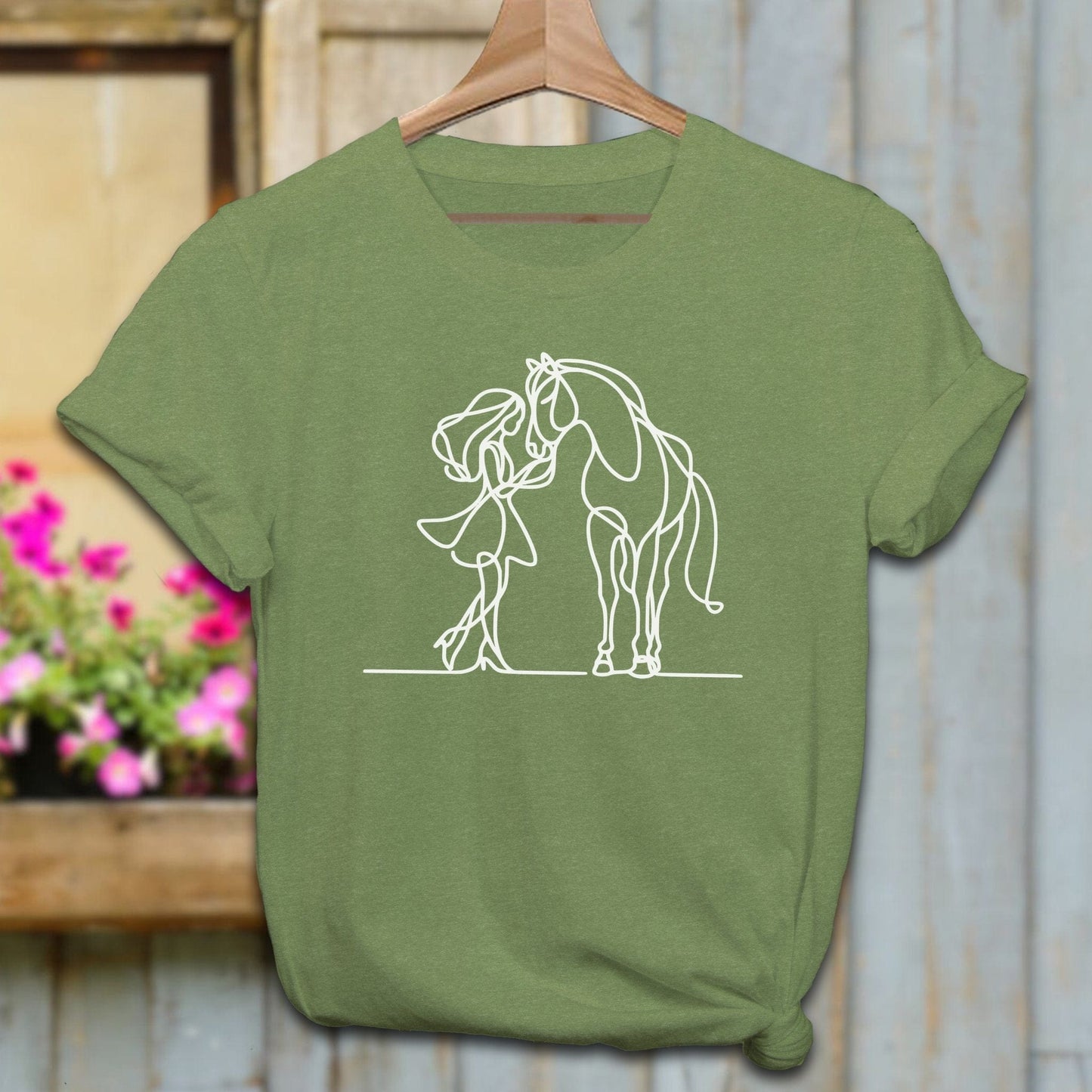 Physical Item Adult T-Shirt / Heather Green / XS Lady and Horse Art Shirt