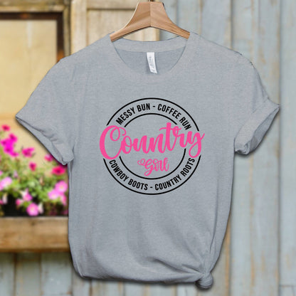 Physical Item Adult T-shirt / S / Athletic Heather Country Girl Messy Bun Coffee Run Shirt