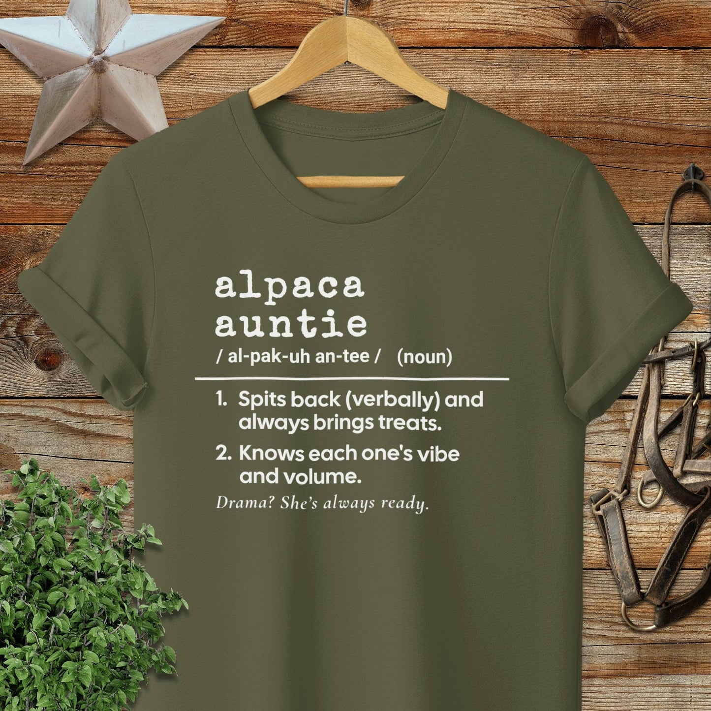 Physical Item Adult T-Shirt / S / Military Green Alpaca Auntie Definition T-shirt