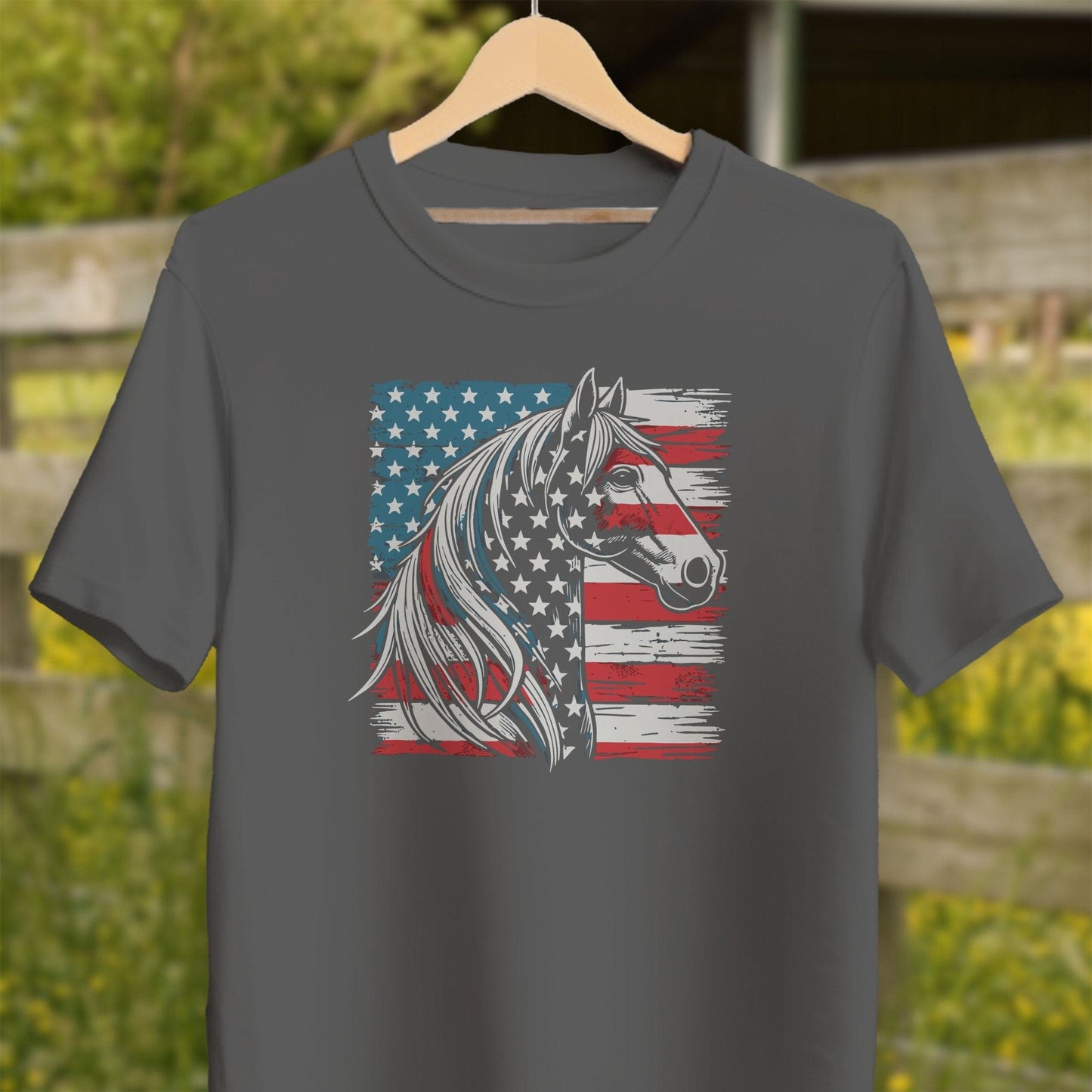 Physical Item Adult T-Shirt / XS / Asphalt Patriotic Horse USA Flag Shirt