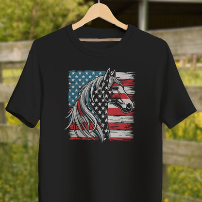 Physical Item Adult T-Shirt / XS / Black Patriotic Horse USA Flag Shirt