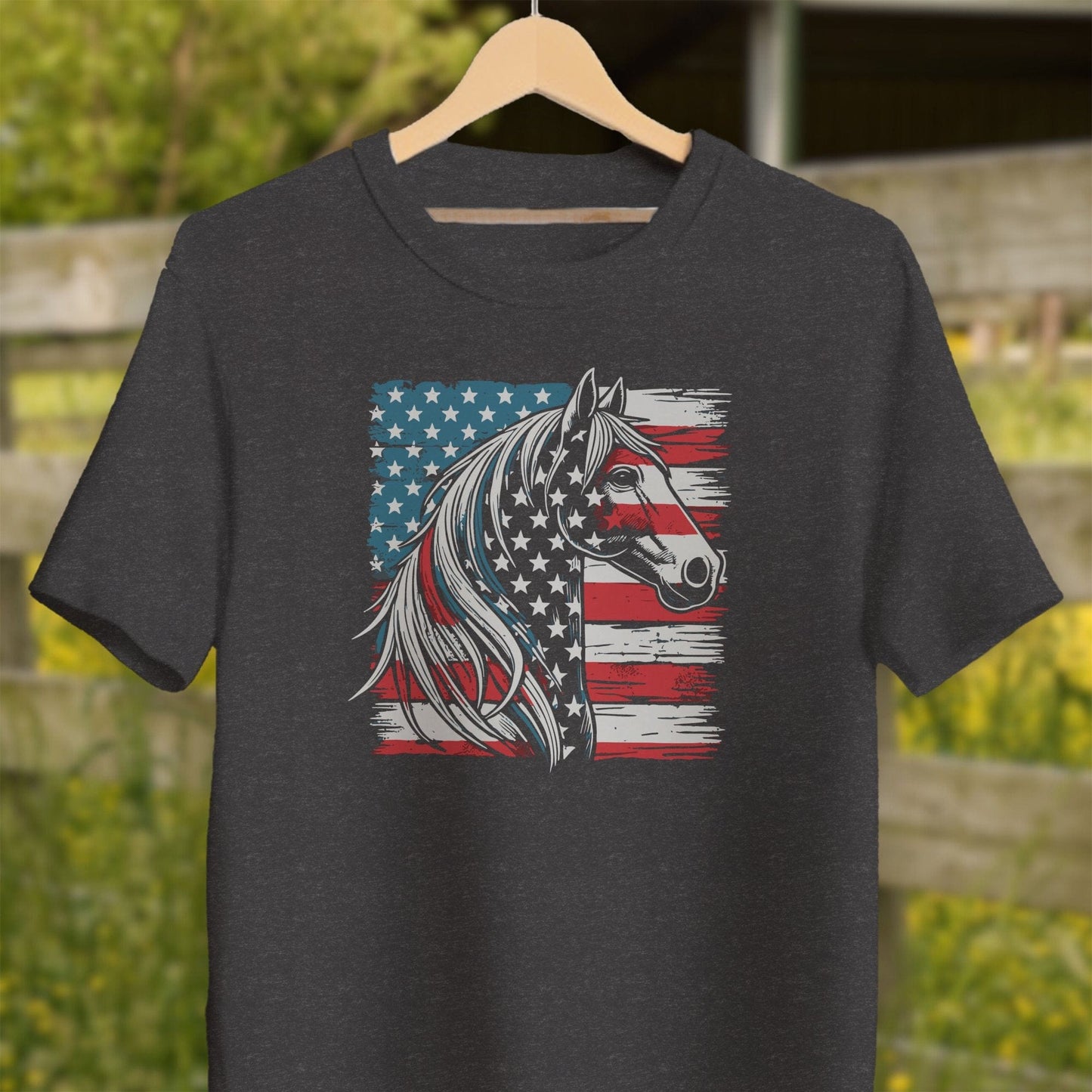 Physical Item Adult T-Shirt / XS / Dark Grey Heather Patriotic Horse USA Flag Shirt