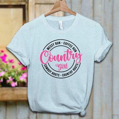 Physical Item Adult T-shirt / XS / Heather Ice Blue Country Girl Messy Bun Coffee Run Shirt