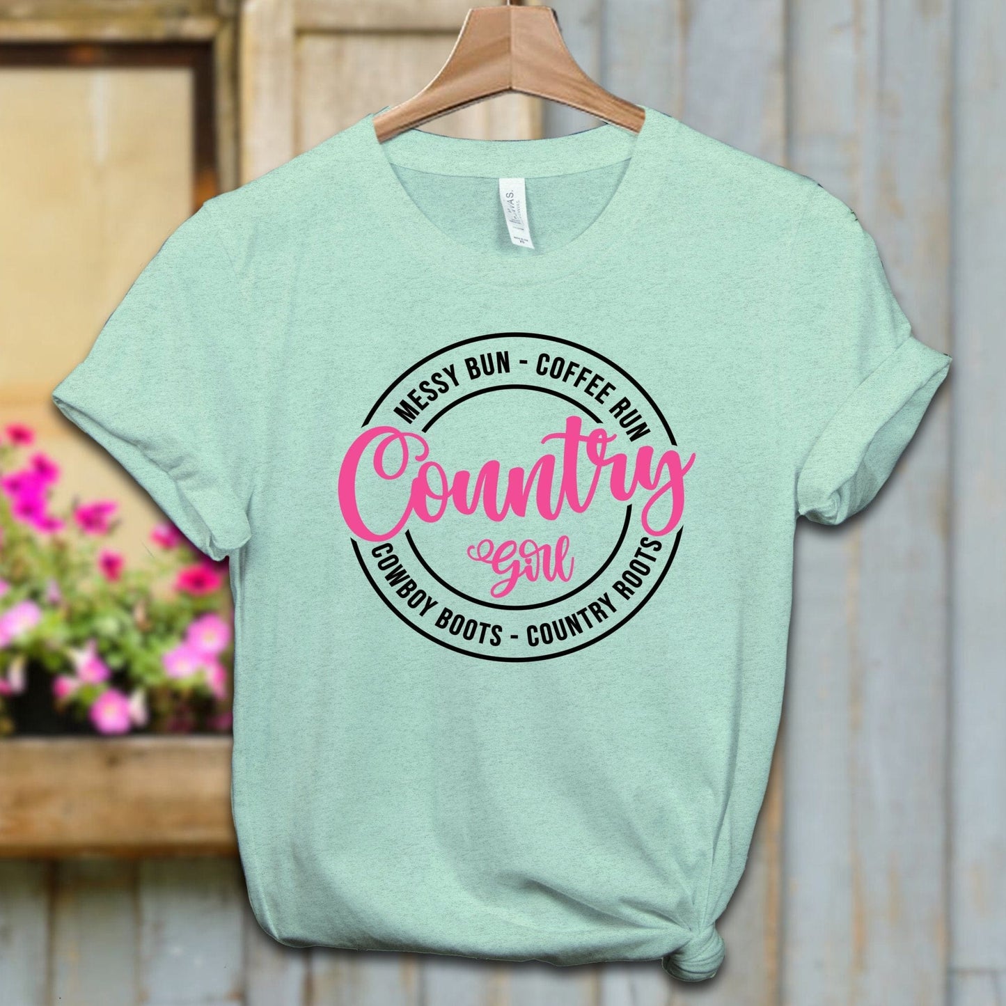 Physical Item Adult T-shirt / XS / Heather Mint Country Girl Messy Bun Coffee Run Shirt