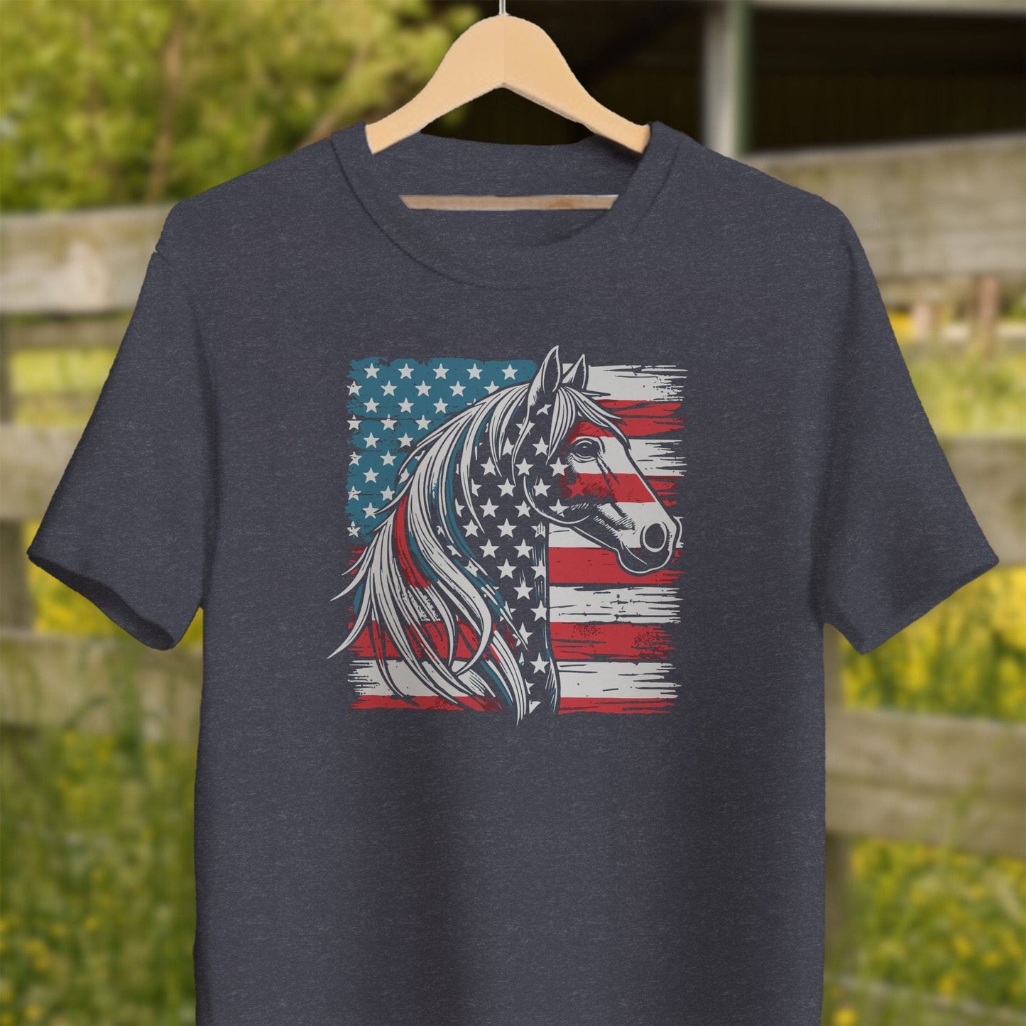 Physical Item Adult T-Shirt / XS / Heather Navy Patriotic Horse USA Flag Shirt