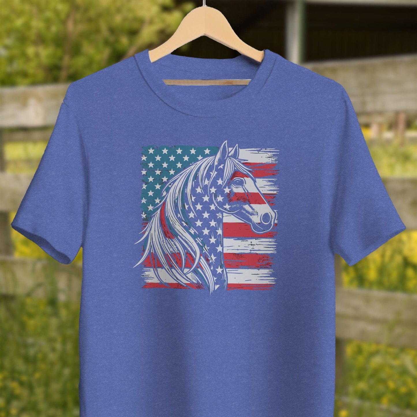 Physical Item Adult T-Shirt / XS / Heather True Royal Patriotic Horse USA Flag Shirt