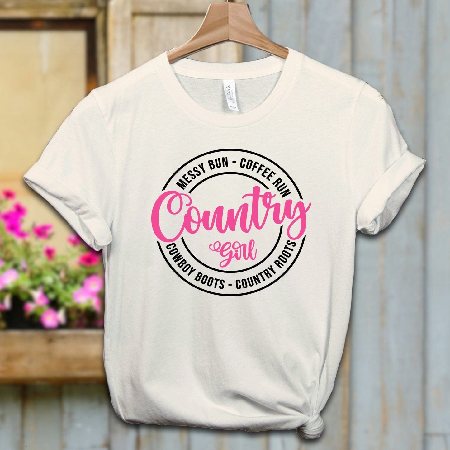 Physical Item Adult T-shirt / XS / Natural Country Girl Messy Bun Coffee Run Shirt