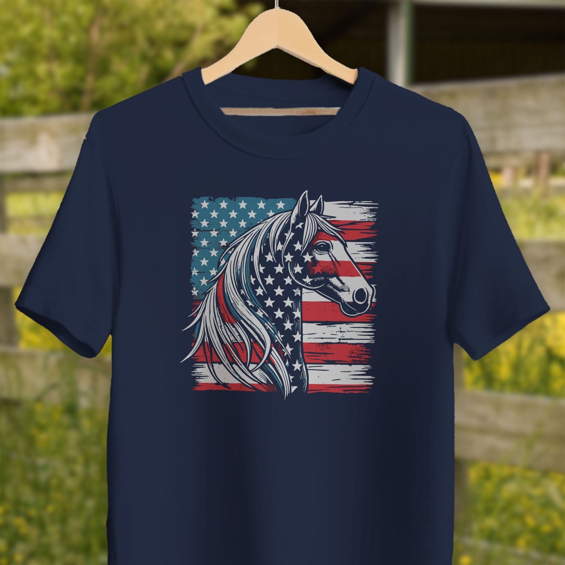 Physical Item Adult T-Shirt / XS / Navy Patriotic Horse USA Flag Shirt