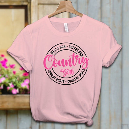 Physical Item Adult T-shirt / XS / Pink Country Girl Messy Bun Coffee Run Shirt