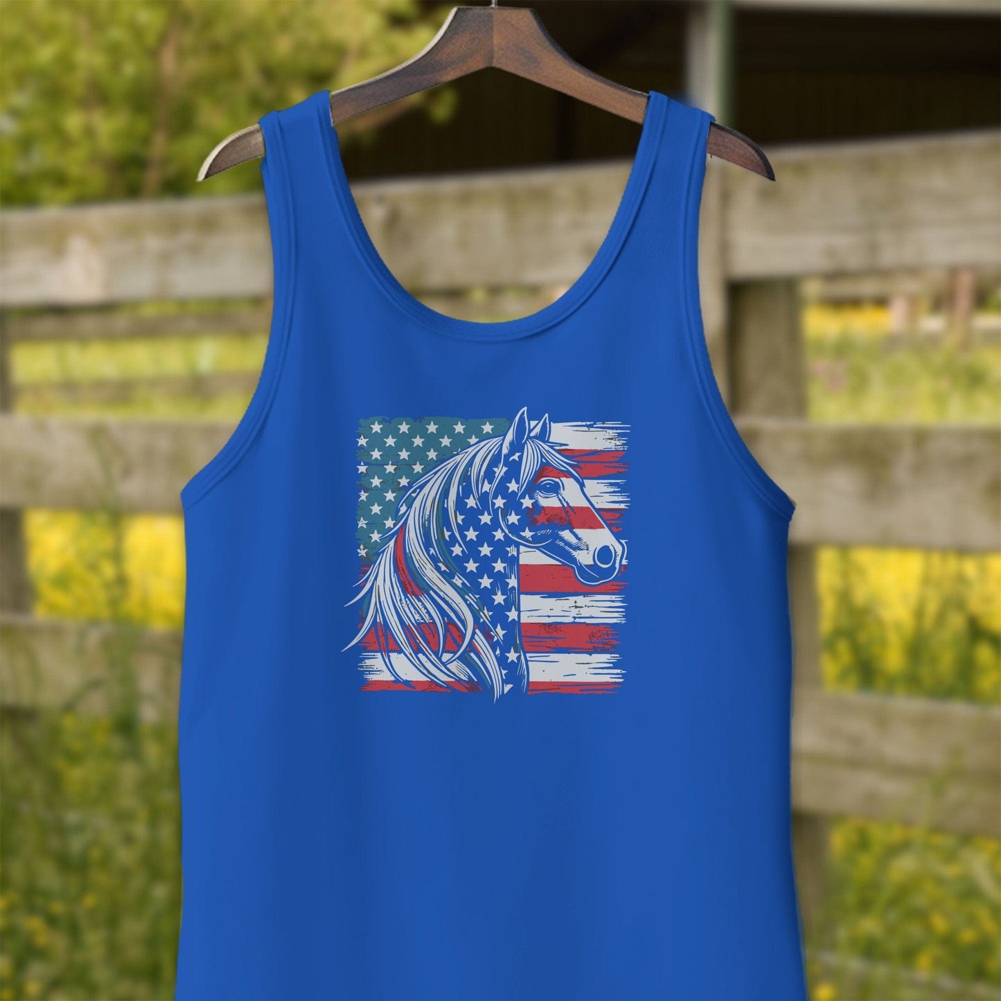 Physical Item Adult Tank Top / XS / True Royal Patriotic Horse USA Flag Shirt