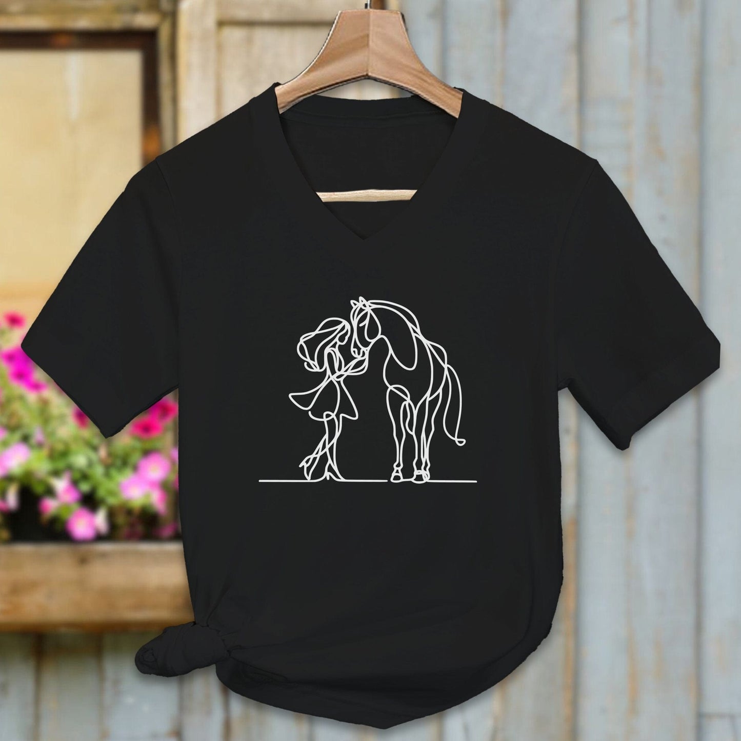 Physical Item Adult V-neck / Black / S Lady and Horse Art Shirt