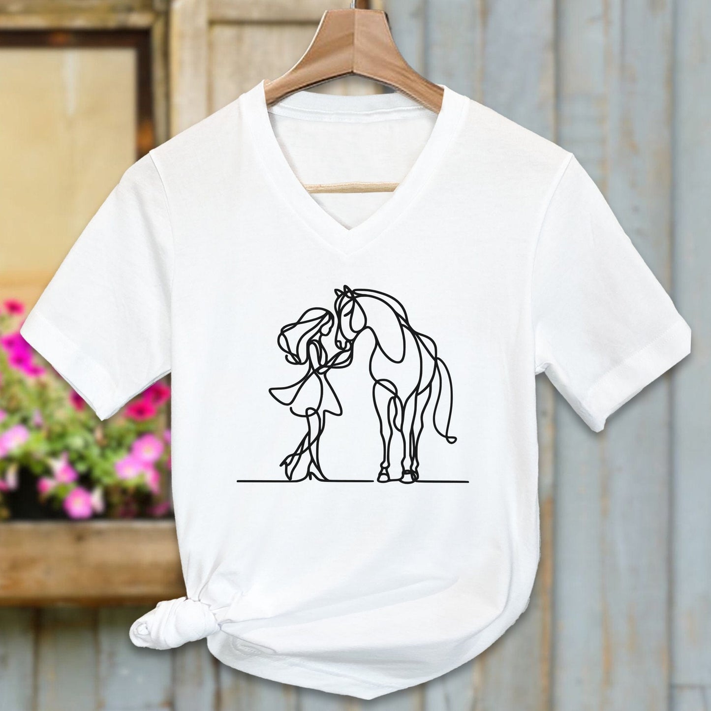 Physical Item Adult V-neck / White / S Lady and Horse Art Shirt