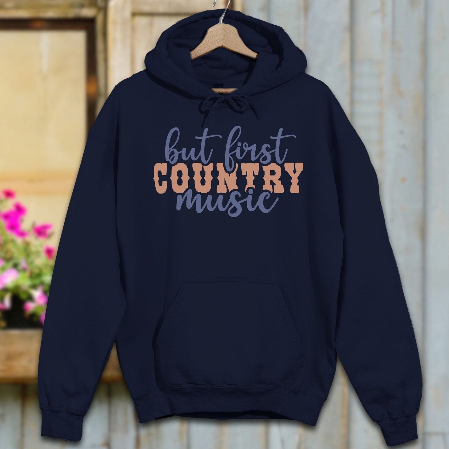 Physical Item S / Navy But First Country Music Hoodie