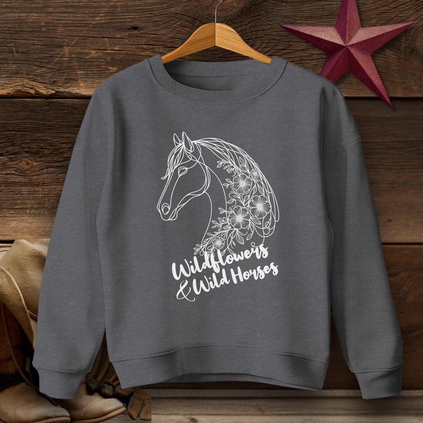 Physical Item Sweatshirt Youth / XS / Dark Heather Wildflowers And Wild Horses Youth Shirt