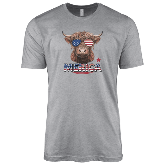 T-Shirt Adult T-shirt / S / Athletic Heather Patriotic Highland Cow with Sunglasses Shirt