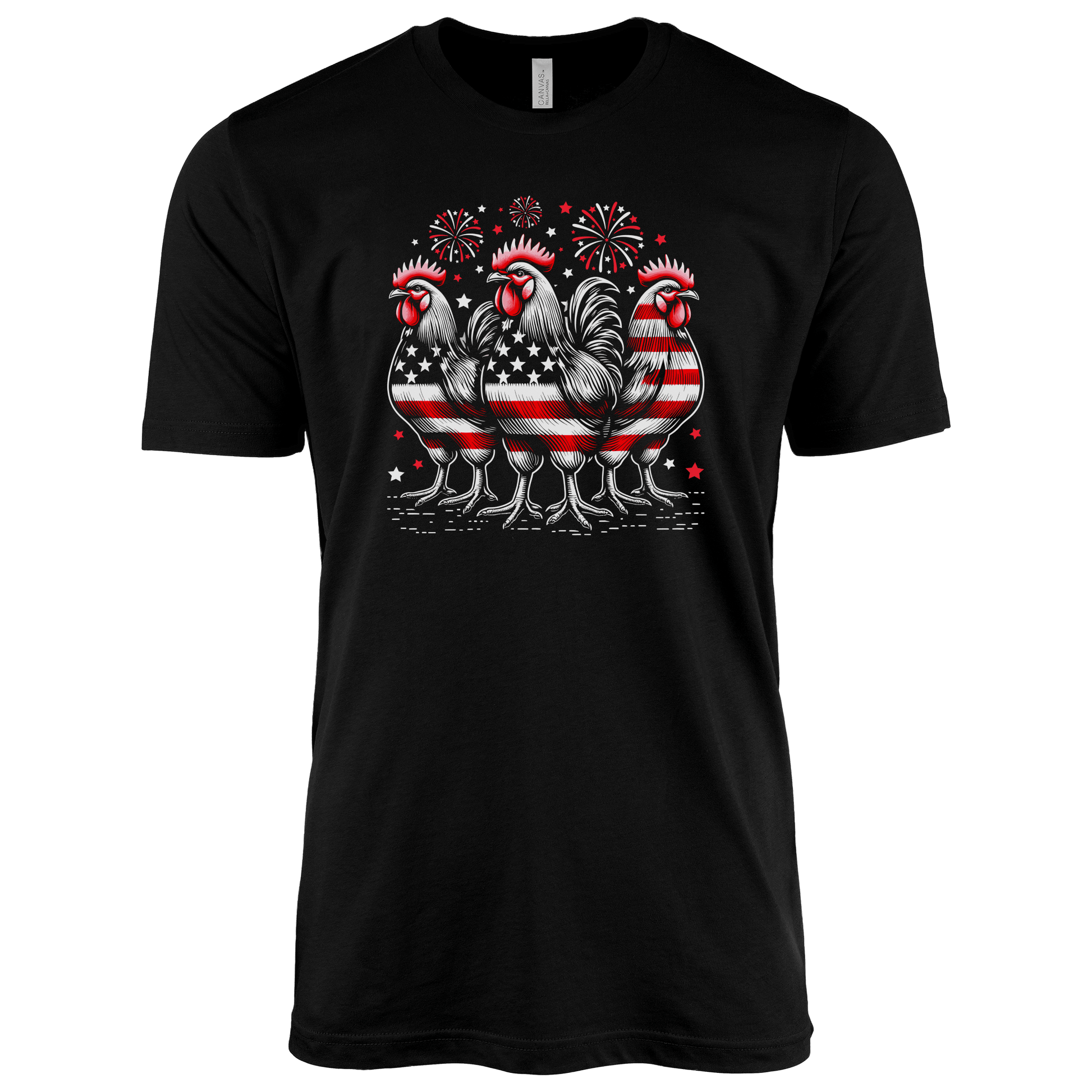 T-Shirt Adult T-shirt / S / Black Patriotic Roosters with Fireworks Shirt