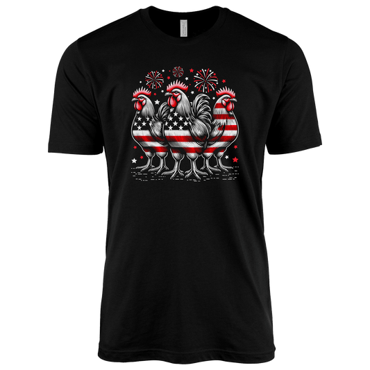 T-Shirt Adult T-shirt / S / Black Patriotic Roosters with Fireworks Shirt