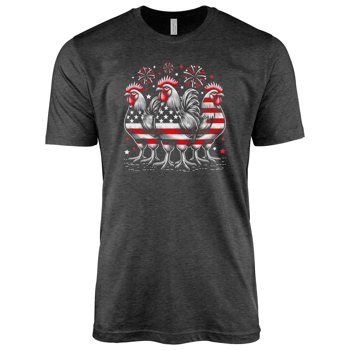 T-Shirt Adult T-shirt / S / Dark Heather Grey Patriotic Roosters with Fireworks Shirt