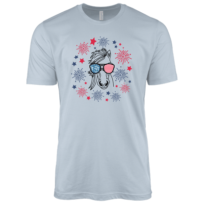 T-Shirt Adult T-shirt / S / Light Blue Patriotic Horse with Sunglasses Shirt