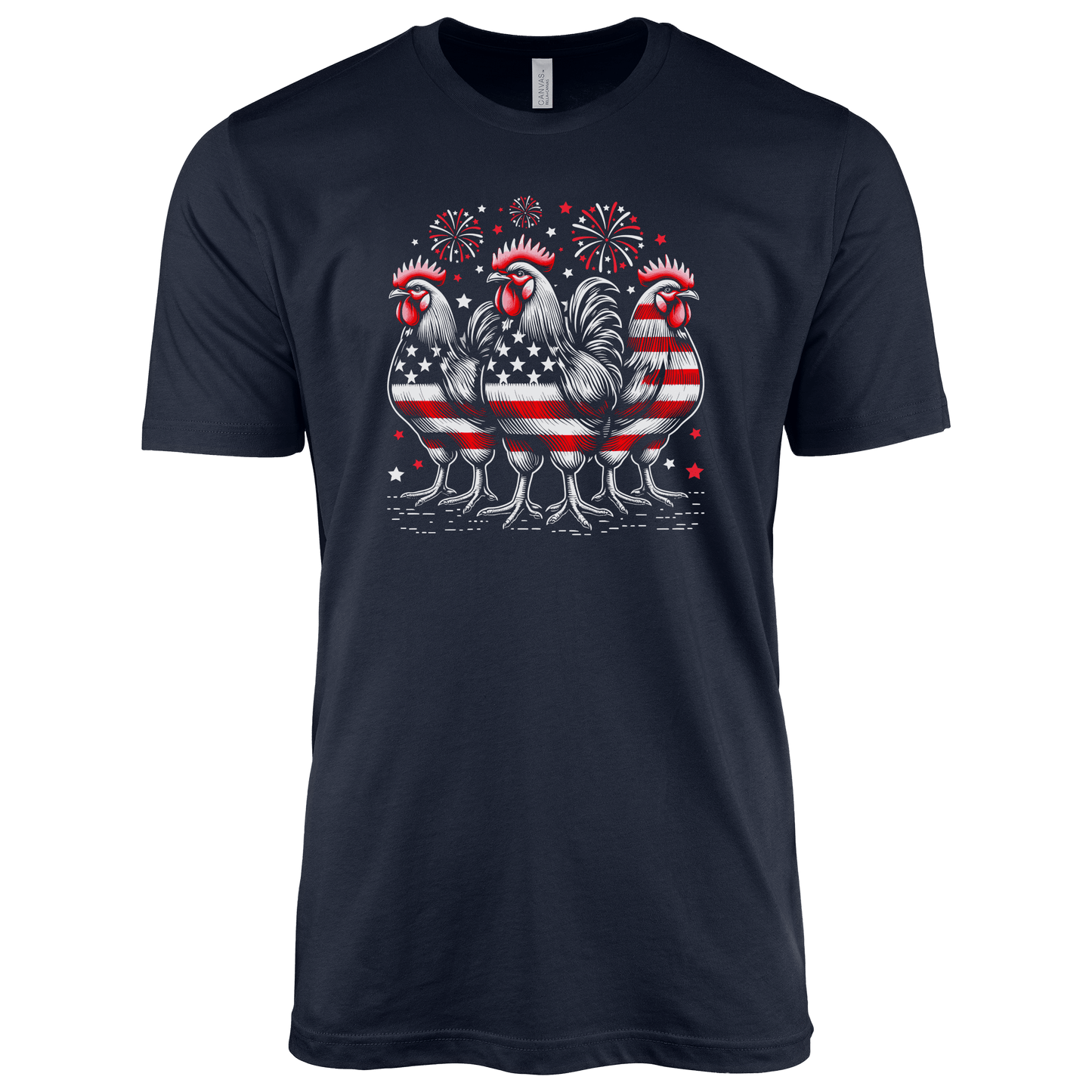 T-Shirt Adult T-shirt / S / Navy Patriotic Roosters with Fireworks Shirt