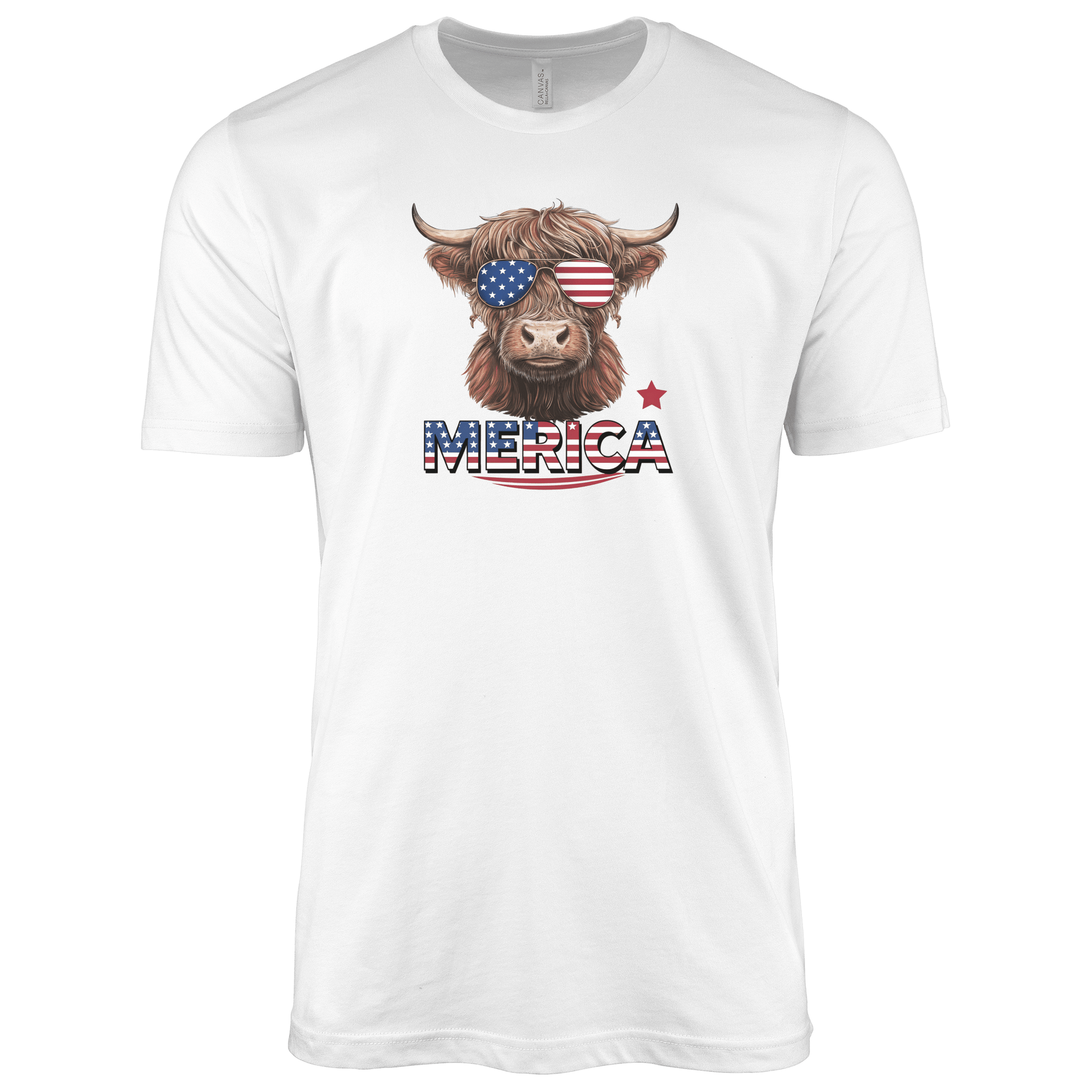 T-Shirt Adult T-shirt / S / White Patriotic Highland Cow with Sunglasses Shirt