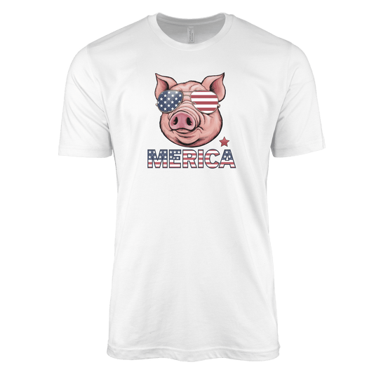 T-Shirt Adult T-shirt / S / White Patriotic Pig with with Sunglasses Shirt