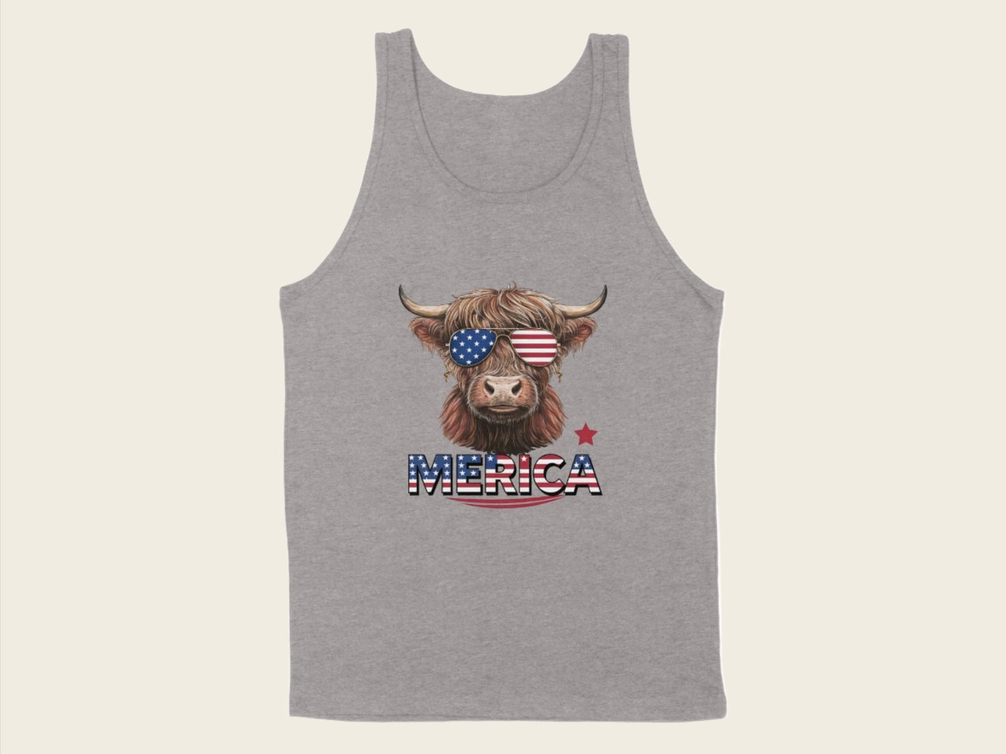 T-Shirt Adult Tank Top / S / Athletic Heather Patriotic Highland Cow with Sunglasses Shirt