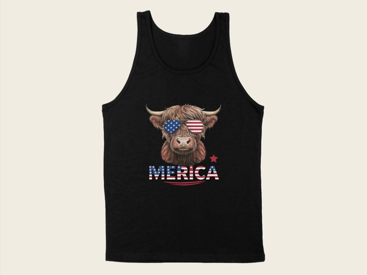 T-Shirt Adult Tank Top / S / Black Patriotic Highland Cow with Sunglasses Shirt