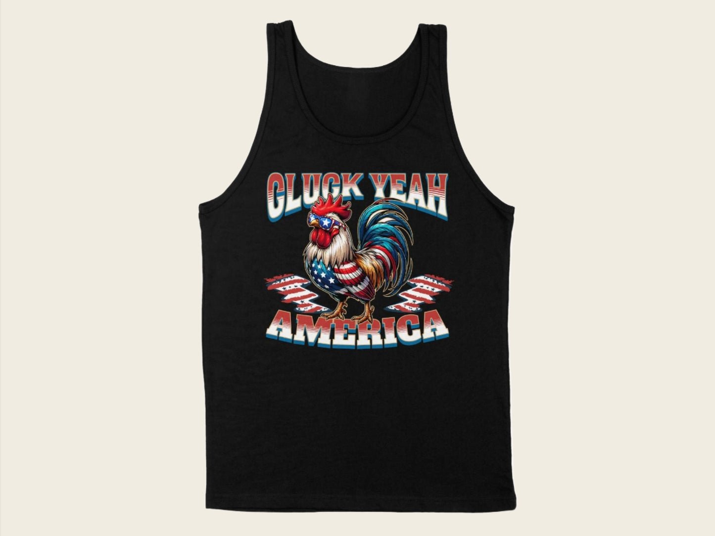 T-Shirt Adult Tank Top / S / Black Patriotic Rooster and Stars Cluck Yeah Shirt